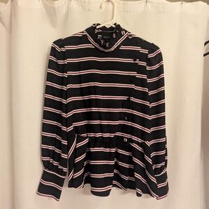 Who What Wear button mock neck peplum blouse Small pink black white